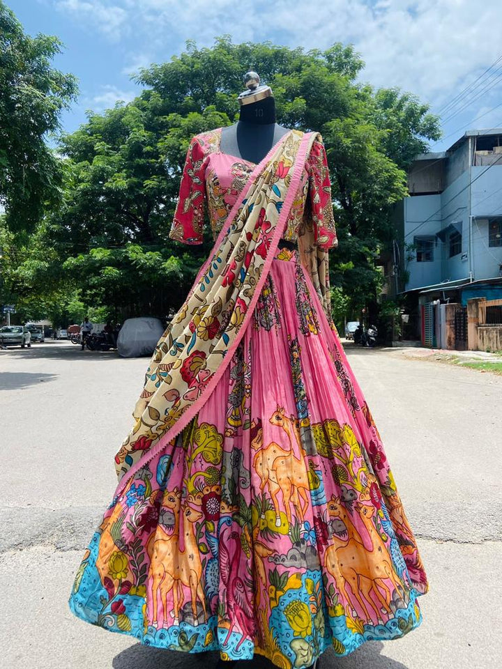 Charming Pink Kalamkari Silk Lehenga by myRiti, adorned with traditional patterns, perfect for bridal and festive wear