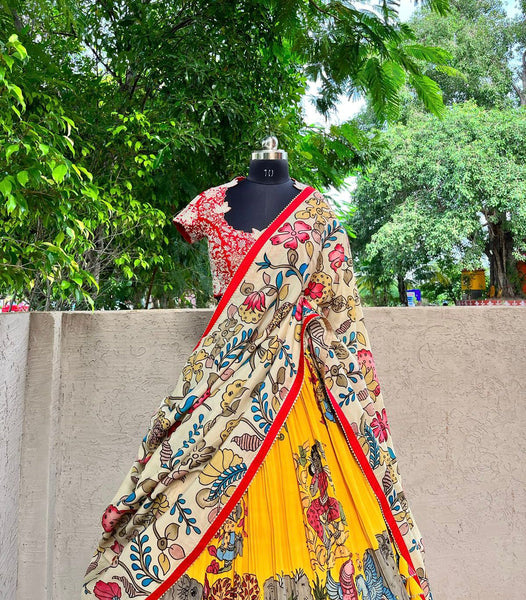 Bright Yellow Kalamkari Silk Lehenga by myRiti, featuring traditional hand-painted designs, perfect for festive occasions and weddings
