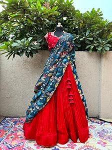 Red Viscose Organza Lehenga with Pure Kalamkari Dupatta