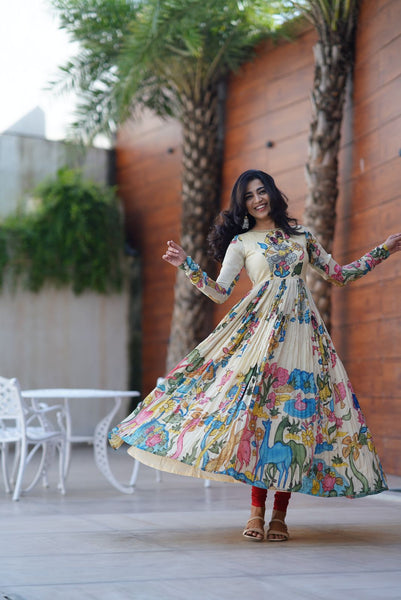 Exquisite Pen Kalamkari Silk Dress by myRiti, featuring unique hand-painted designs on elegant silk, ideal for fashion-forward individuals
