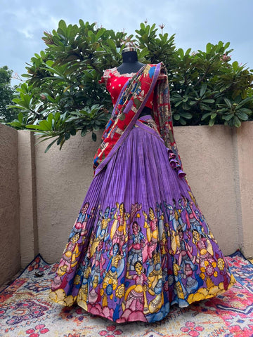 Luxurious Lavender Kalamkari Silk Lehenga by myRiti, showcasing elegant traditional patterns, ideal for modern ceremonial wear.