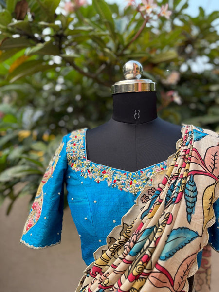 Stunning Blue Kalamkari Silk Lehenga by myRiti, featuring elegant traditional patterns, perfect for weddings and cultural events
