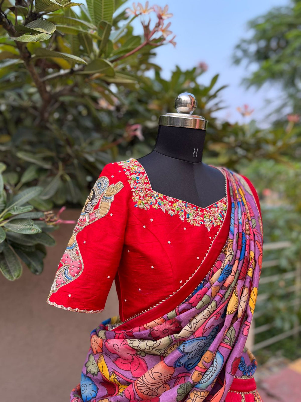 Stunning Red Kalamkari Silk Lehenga by myRiti, featuring intricate traditional designs on rich silk fabric, perfect for festive and bridal wear