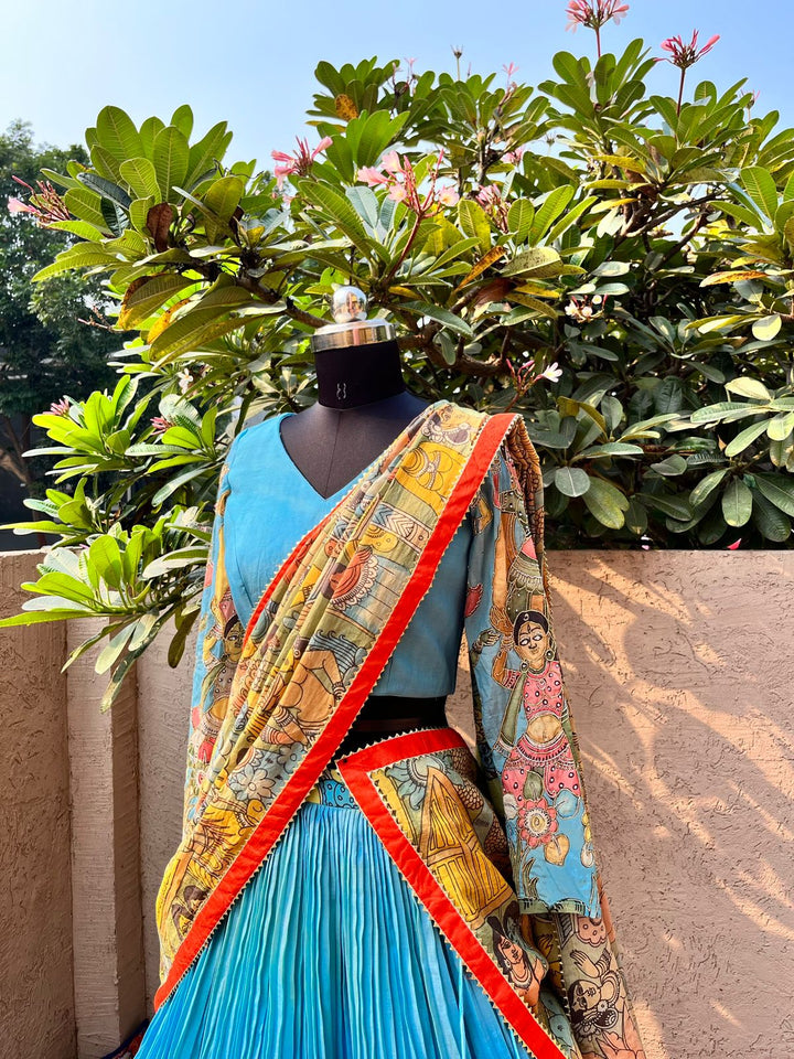 Stunning Blue Kalamkari Silk Lehenga by myRiti, featuring elegant traditional patterns, perfect for weddings and cultural events