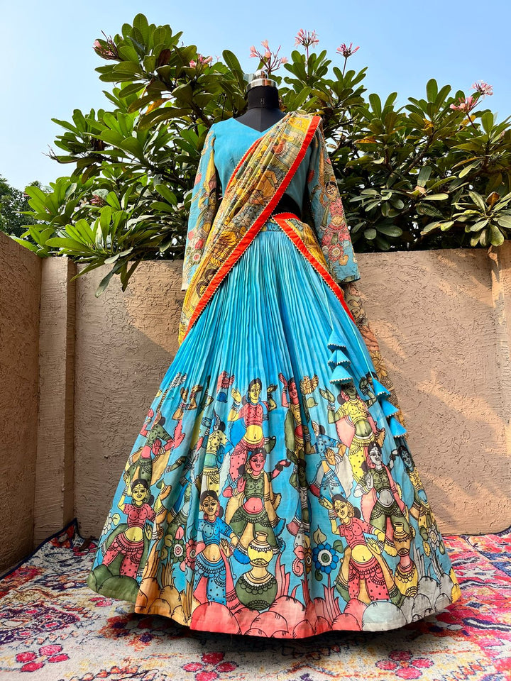 Stunning Blue Kalamkari Silk Lehenga by myRiti, featuring elegant traditional patterns, perfect for weddings and cultural events