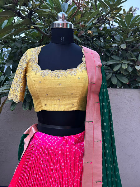 Pink & Yellow Bandani Paithani Silk Lehenga