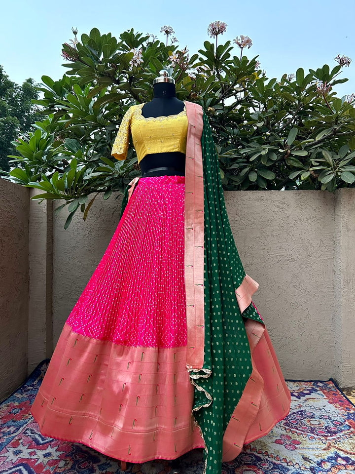 Pink & Yellow Bandani Paithani Silk Lehenga