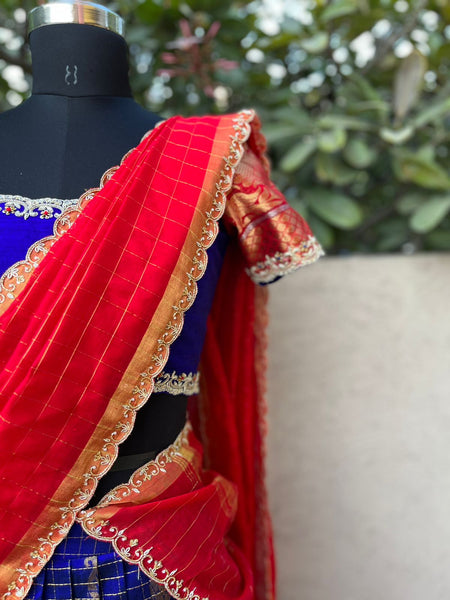 Chic Blue Mangalgiri Kupaddam Silk Lehenga, showcasing traditional weaving elegance, ideal for women seeking a sophisticated and cultural party wear option.