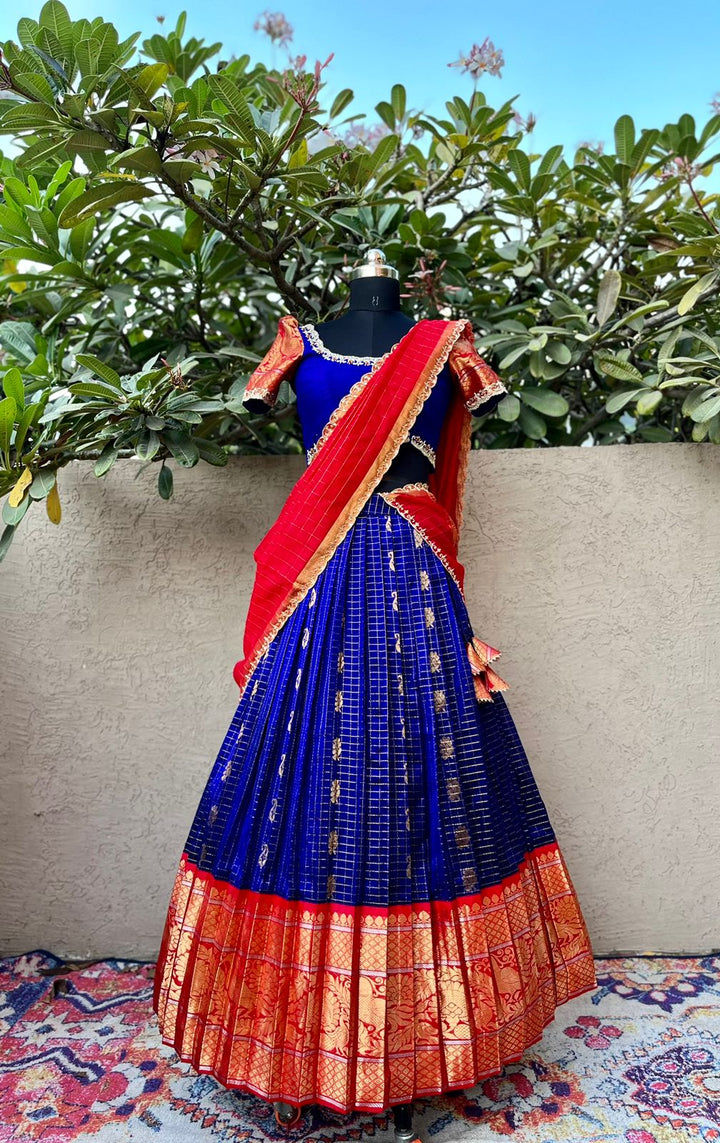 Chic Blue Mangalgiri Kupaddam Silk Lehenga, showcasing traditional weaving elegance, ideal for women seeking a sophisticated and cultural party wear option.