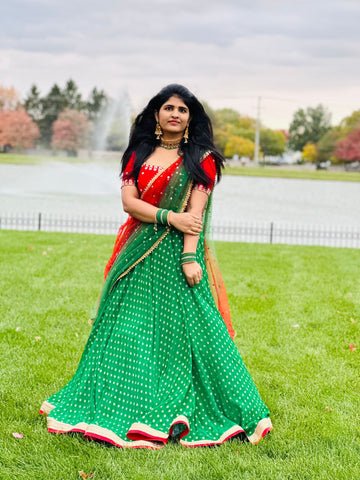 Exquisite Red and Green Georgette Lehenga from MyRiti, a perfect choice for those seeking elegant online lehengas. This vibrant ensemble combines traditional charm with contemporary style.