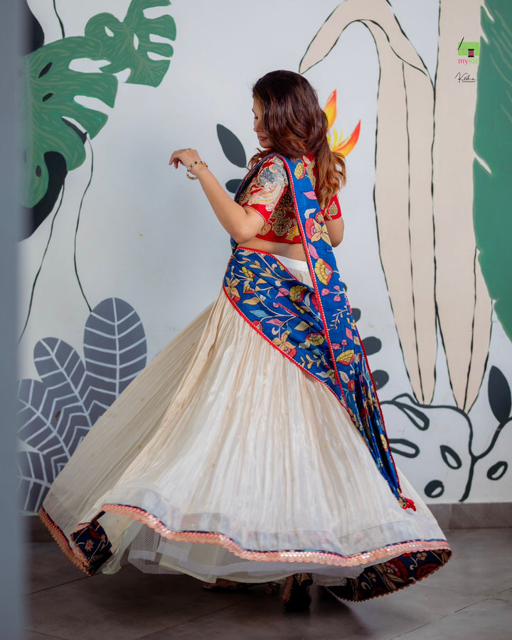 Red & Cream Tissue Lehenga