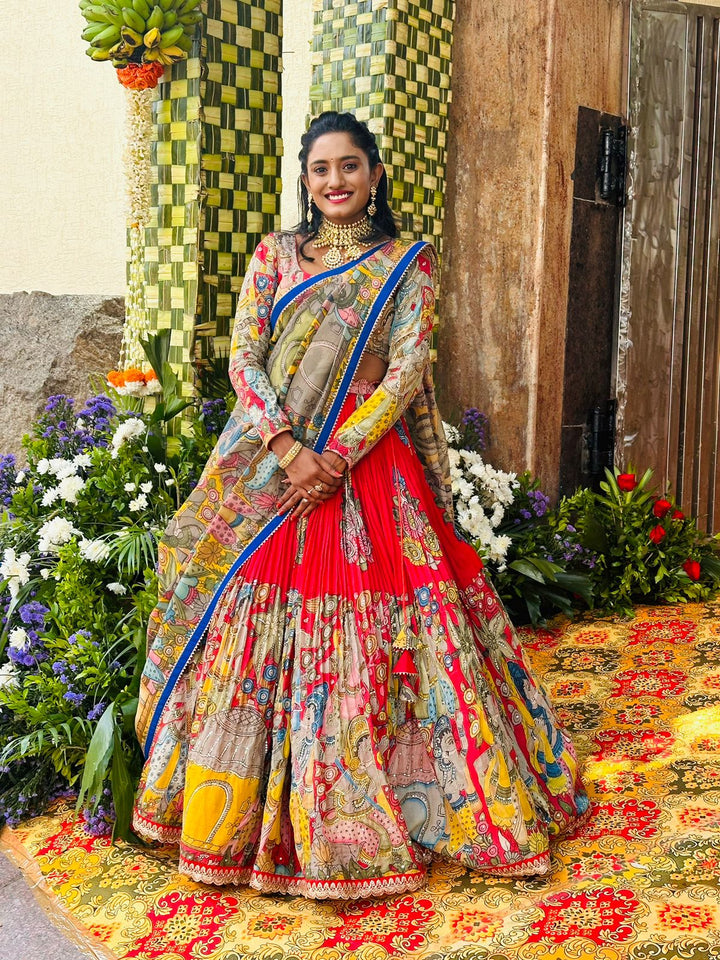 Red Kalamkari Silk Lehenga