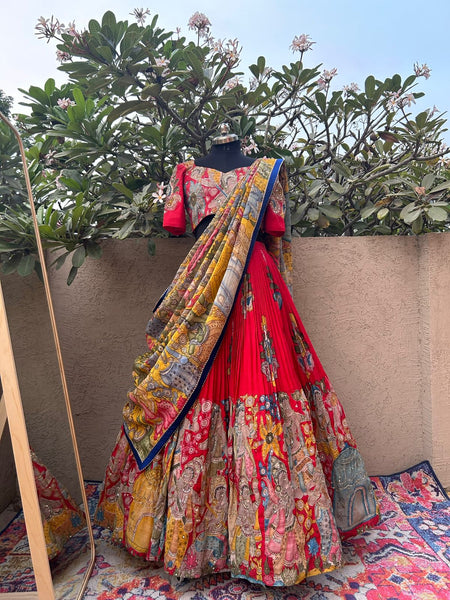 Stunning Red Kalamkari Silk Lehenga by myRiti, featuring intricate traditional designs on rich silk fabric, perfect for festive and bridal wear