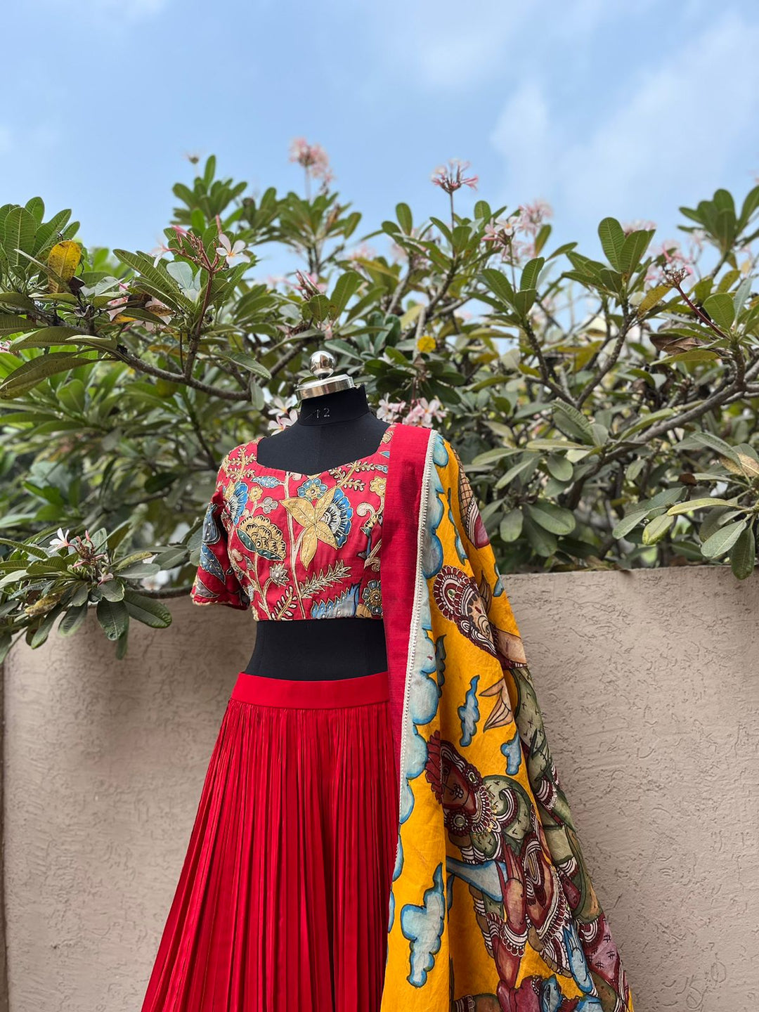 Red Natural Crape Lehenga with Pure Kalamkari Dupatta