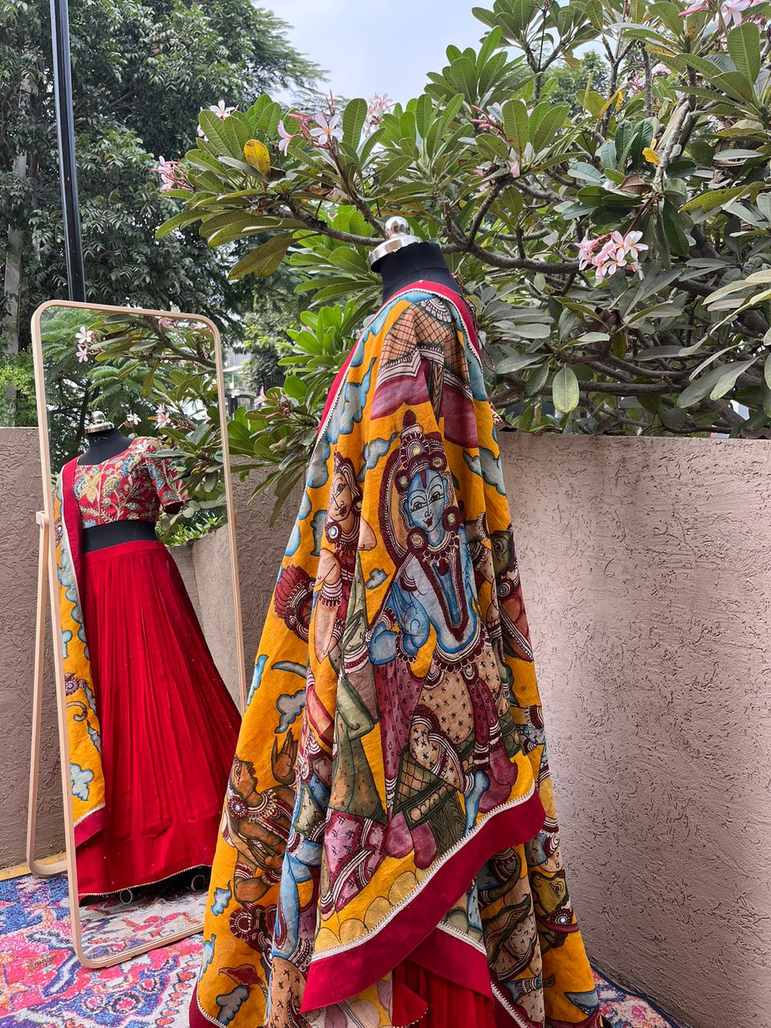 Red Natural Crape Lehenga with Pure Kalamkari Dupatta