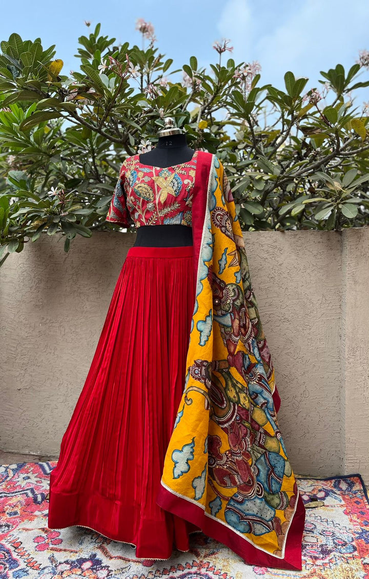 Red Natural Crape Lehenga with Pure Kalamkari Dupatta