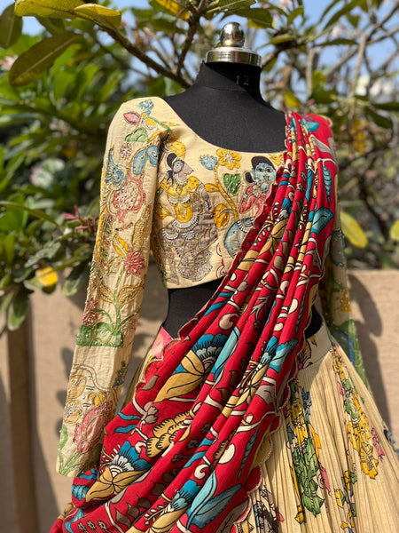 Opulent Cream Kalamkari Silk Lehenga by myRiti, featuring intricate traditional patterns, perfect for elegant occasions