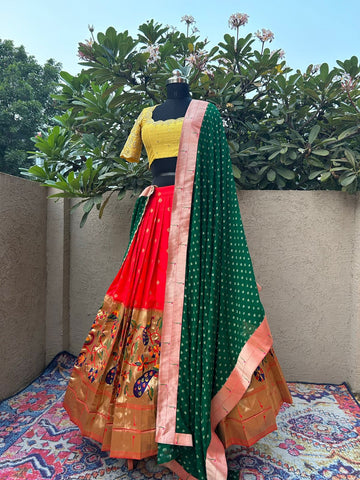 Red & Yellow Lehenga in Paithani Silk by myRiti