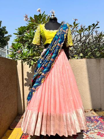 Elegant Pink Lehenga in Mangalgiri Silk from myRiti, featuring beautiful green accents and intricate detailing, perfect for showcasing traditional style with a modern twist