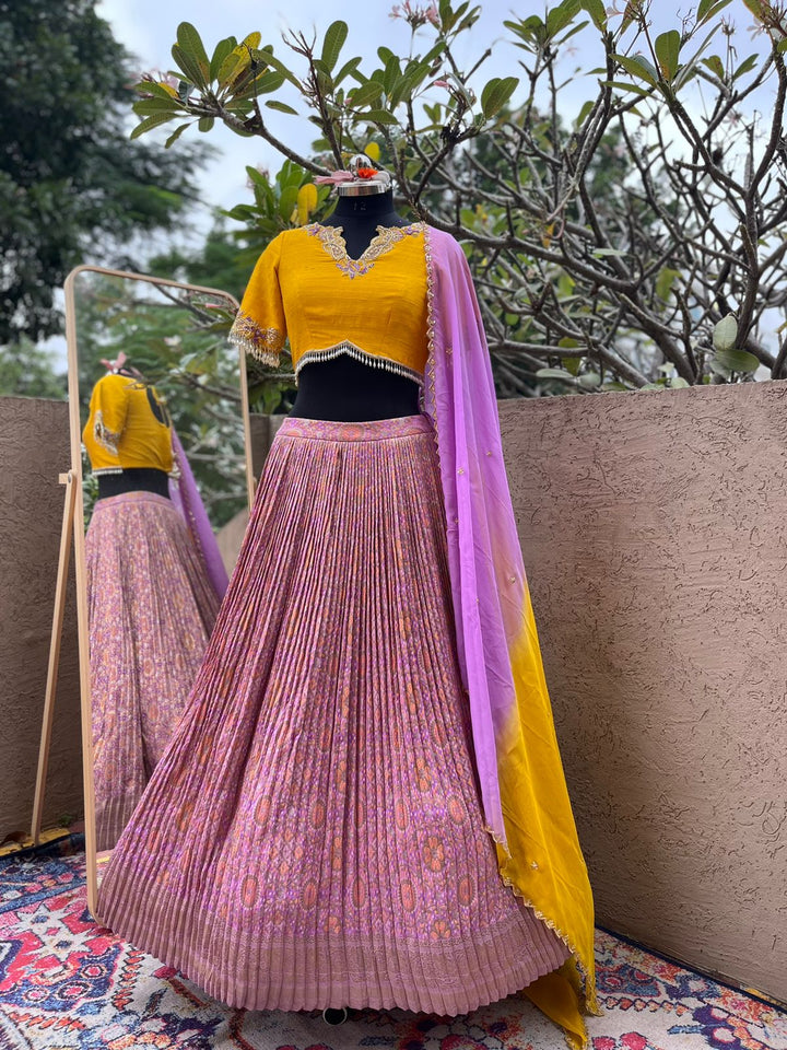 Yellow & Lavendar Bandhani Lehenga