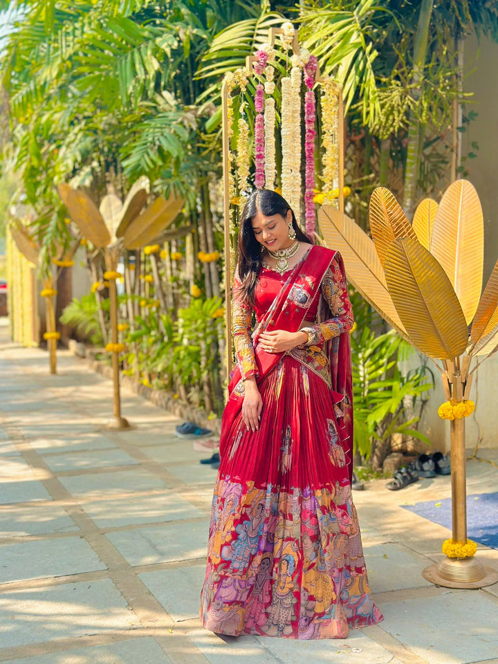 Maroon Kalamkari Lehenga paired with Maroon Dupatta