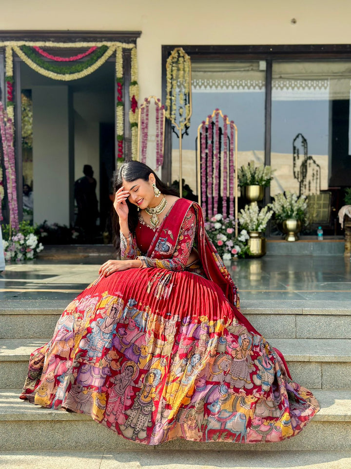 Maroon Kalamkari Lehenga paired with Maroon Dupatta