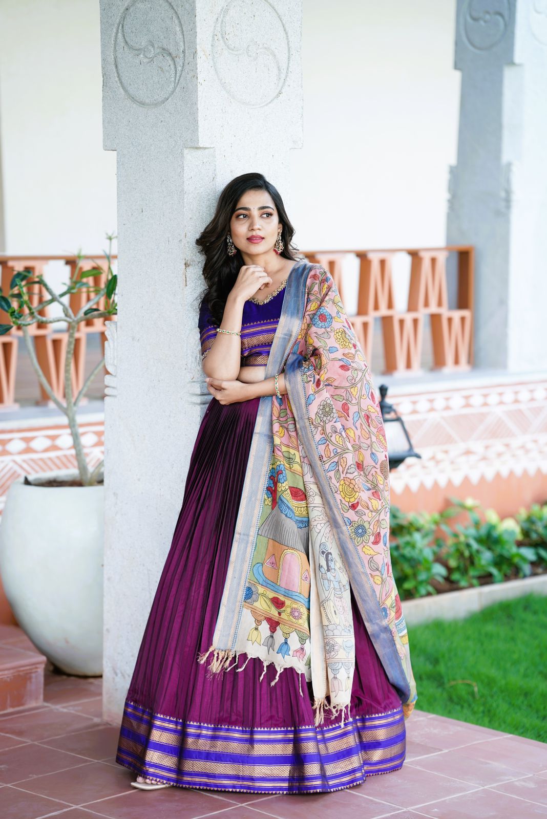 Wine lehenga with pink dupatta in floral embellishment