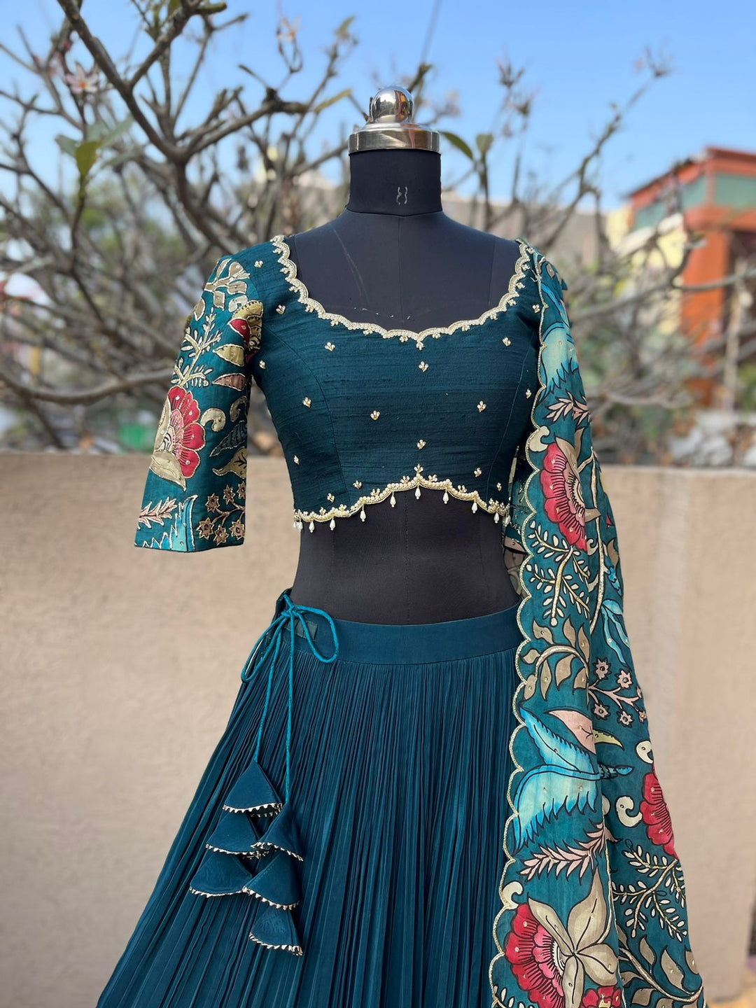 Teal Blue Natural Crape Lehenga with Pure Kalamkari Dupatta