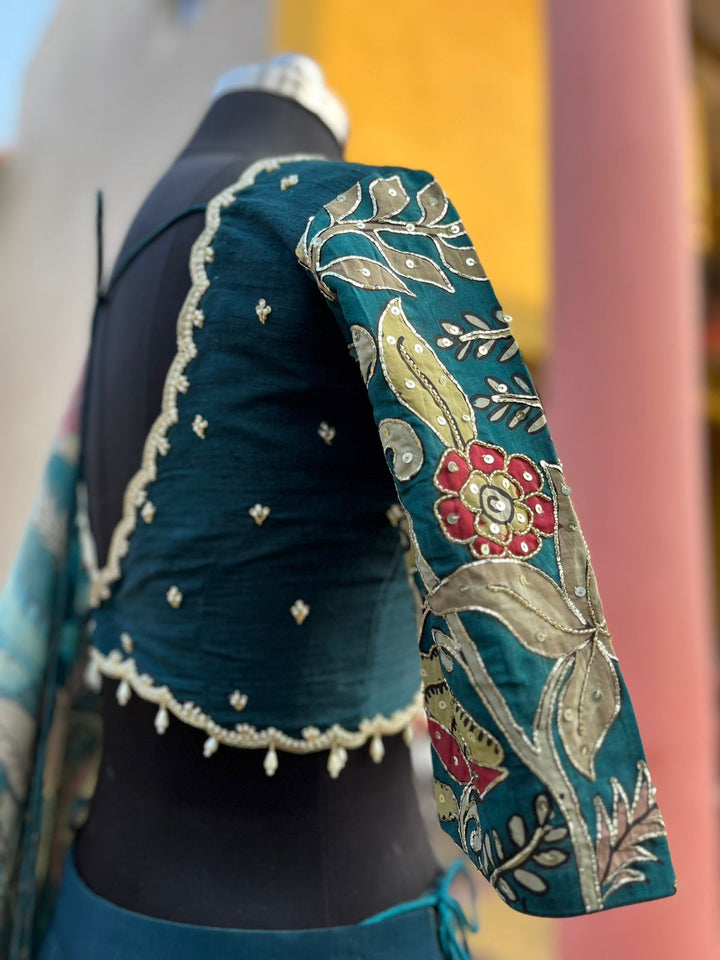 Teal Blue Natural Crape Lehenga with Pure Kalamkari Dupatta