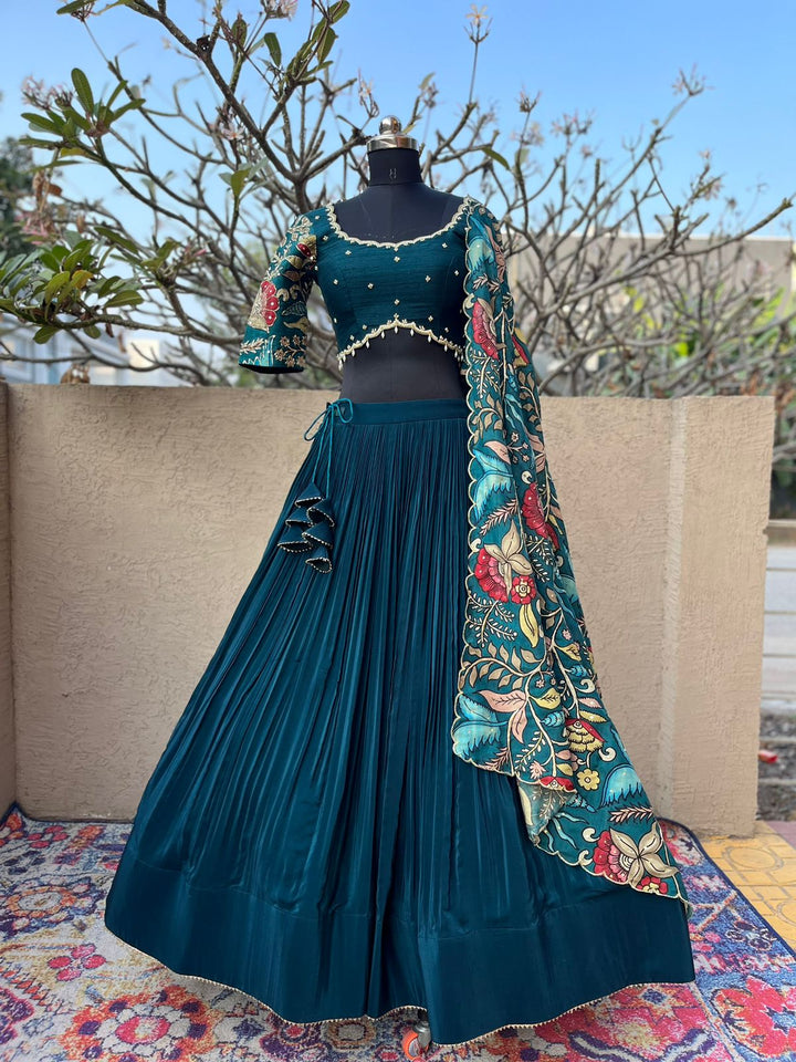 Teal Blue Natural Crape Lehenga with Pure Kalamkari Dupatta