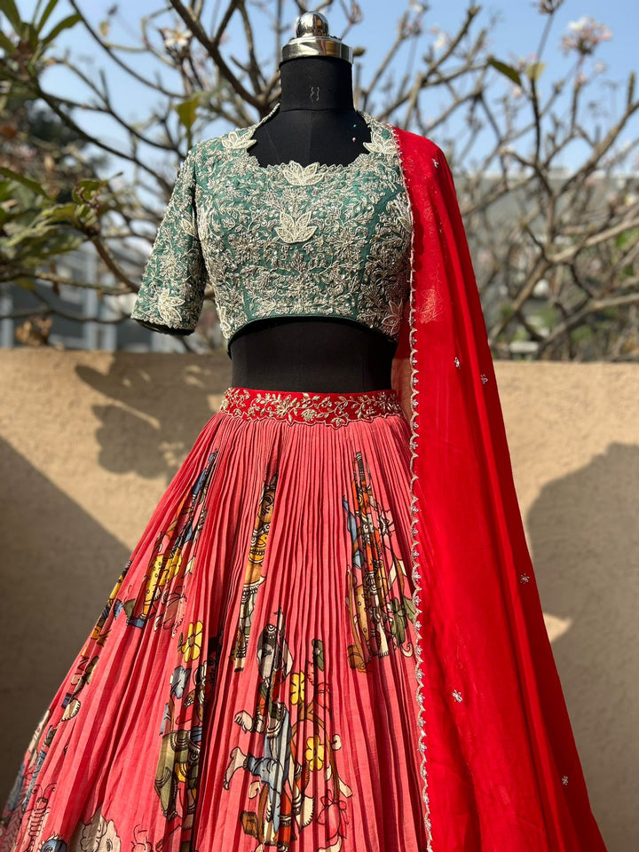 Bridal Peachish Pink Kalamkari Silk Lehenga