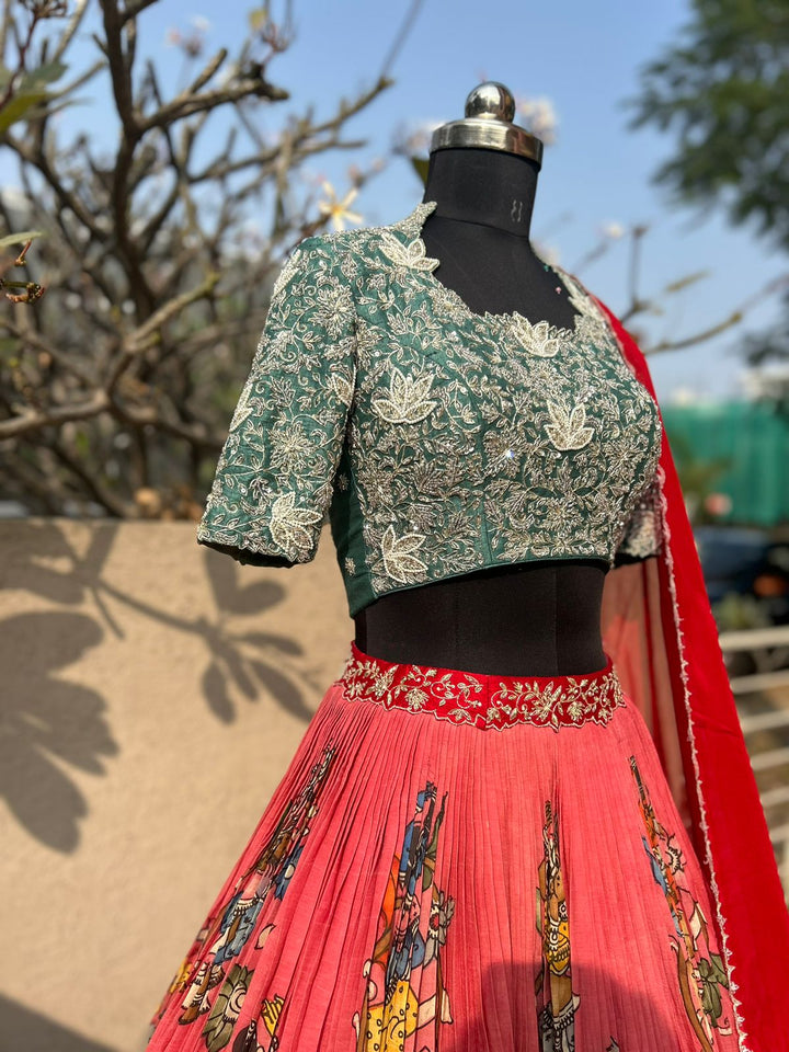 Bridal Peachish Pink Kalamkari Silk Lehenga