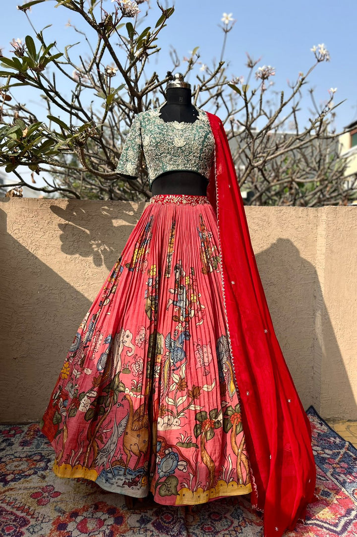 Bridal Peachish Pink Kalamkari Silk Lehenga