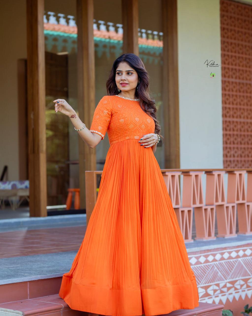 Multi Orange Color Hand Work Beautiful Gown – Amrutamfab