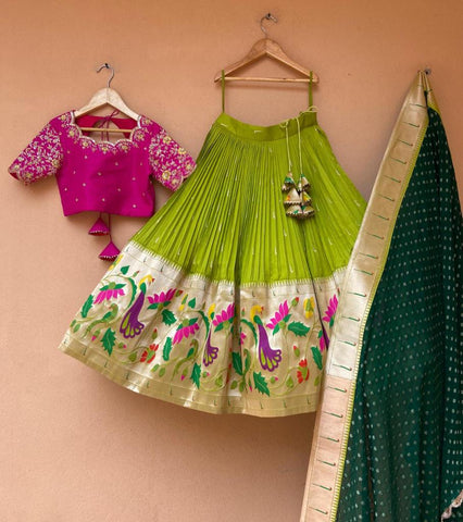 Pink & Green Paithani Silk Lehenga