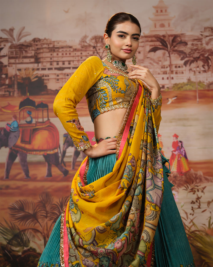 Yellow & Blue Kalamkari Lehenga