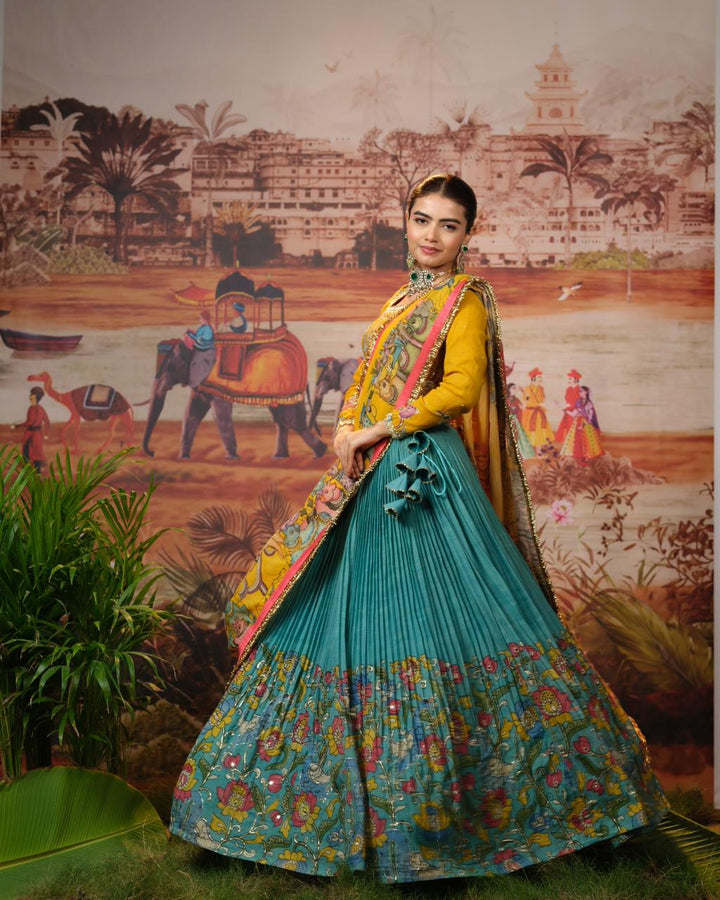 Yellow & Blue Kalamkari Lehenga