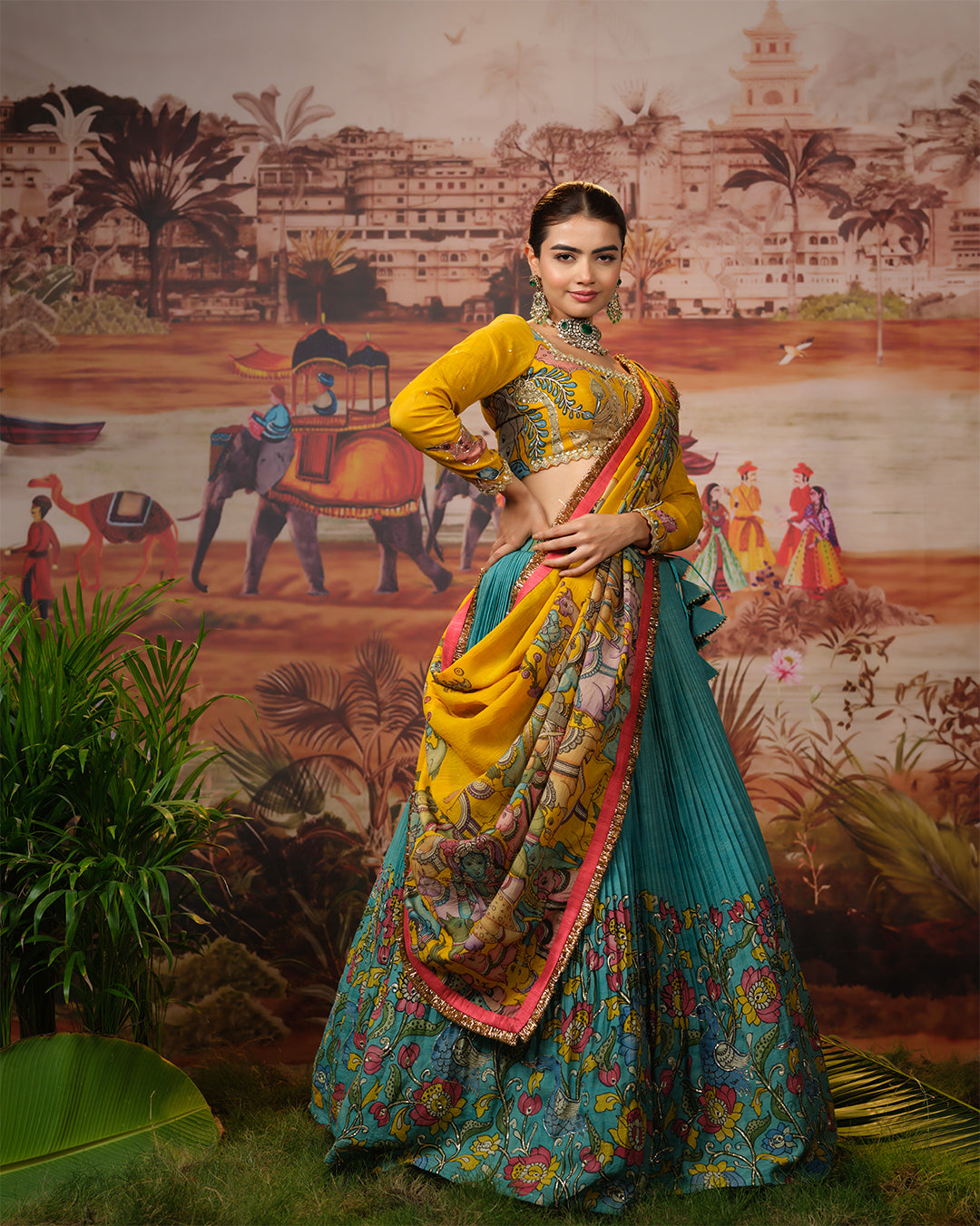 Yellow & Blue Kalamkari Lehenga