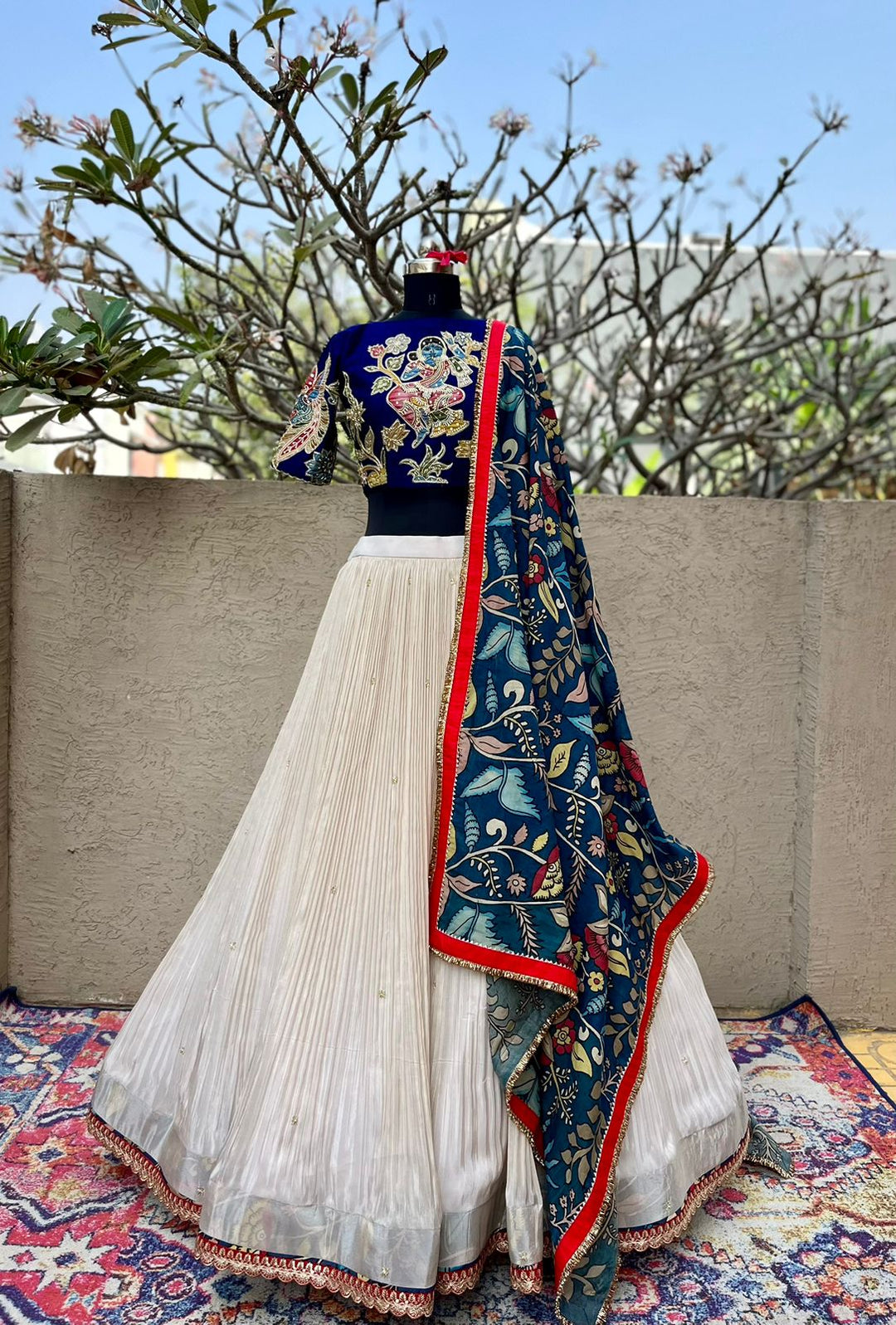 Blue & Cream Tissue Lehenga