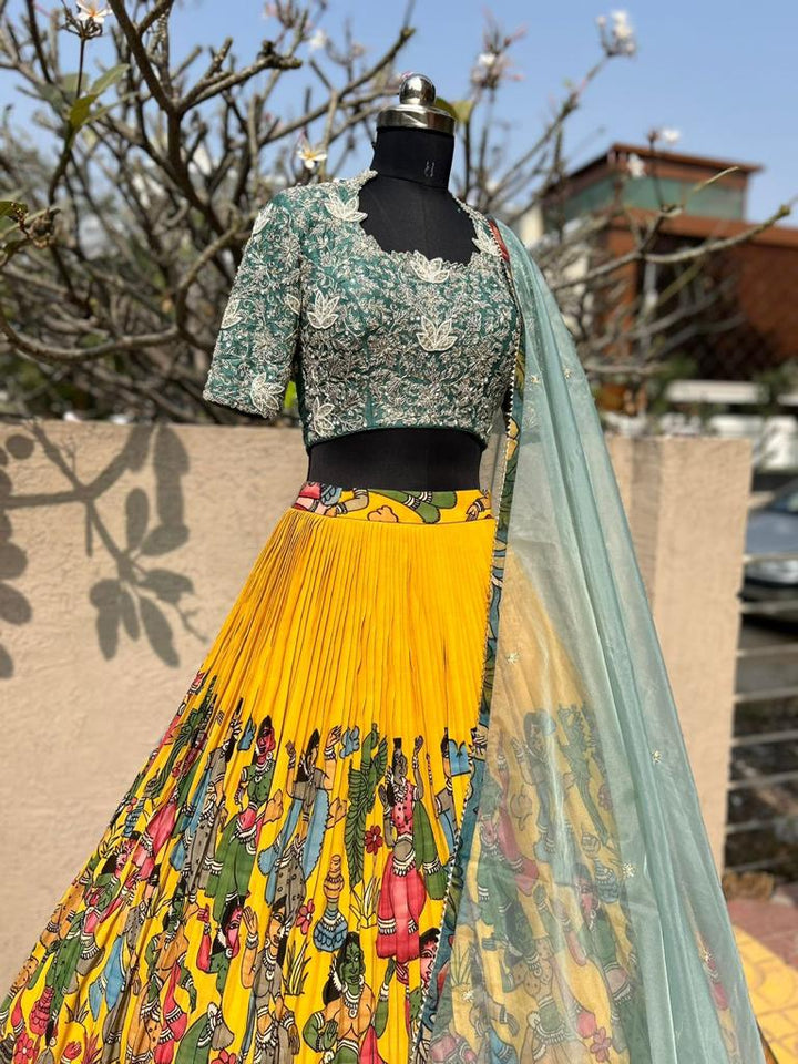 Bridal Yellow Pen Kalamkari Silk Lehenga