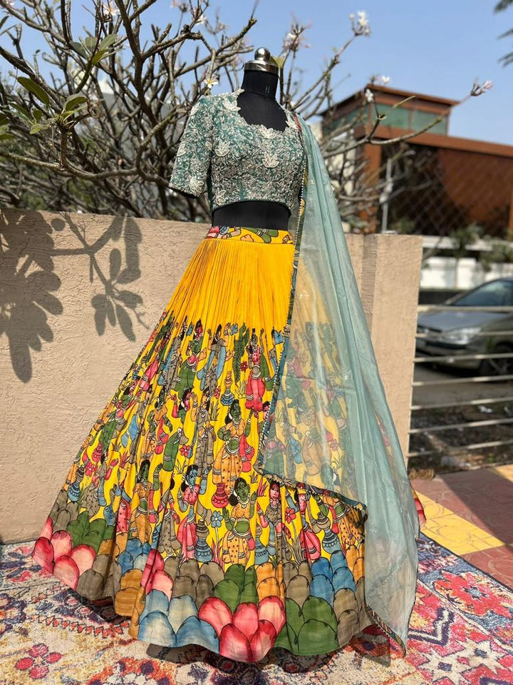 Bridal Yellow Pen Kalamkari Silk Lehenga