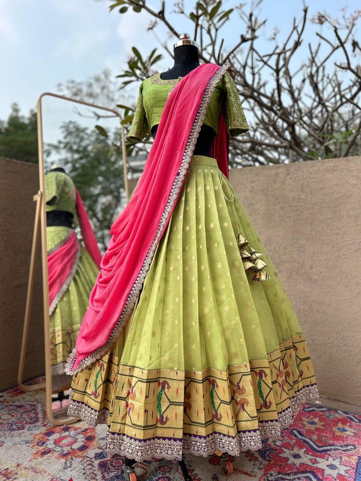 Pista Green Pure Kota Silk Lehenga