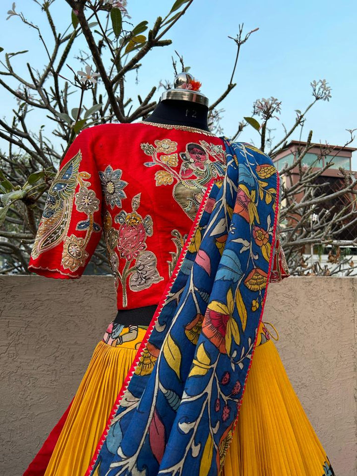 Red & Yellow Kalamkari Silk Lehenga