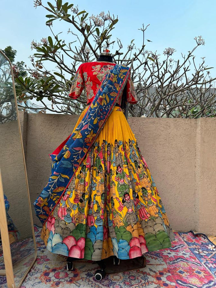 Red & Yellow Kalamkari Silk Lehenga