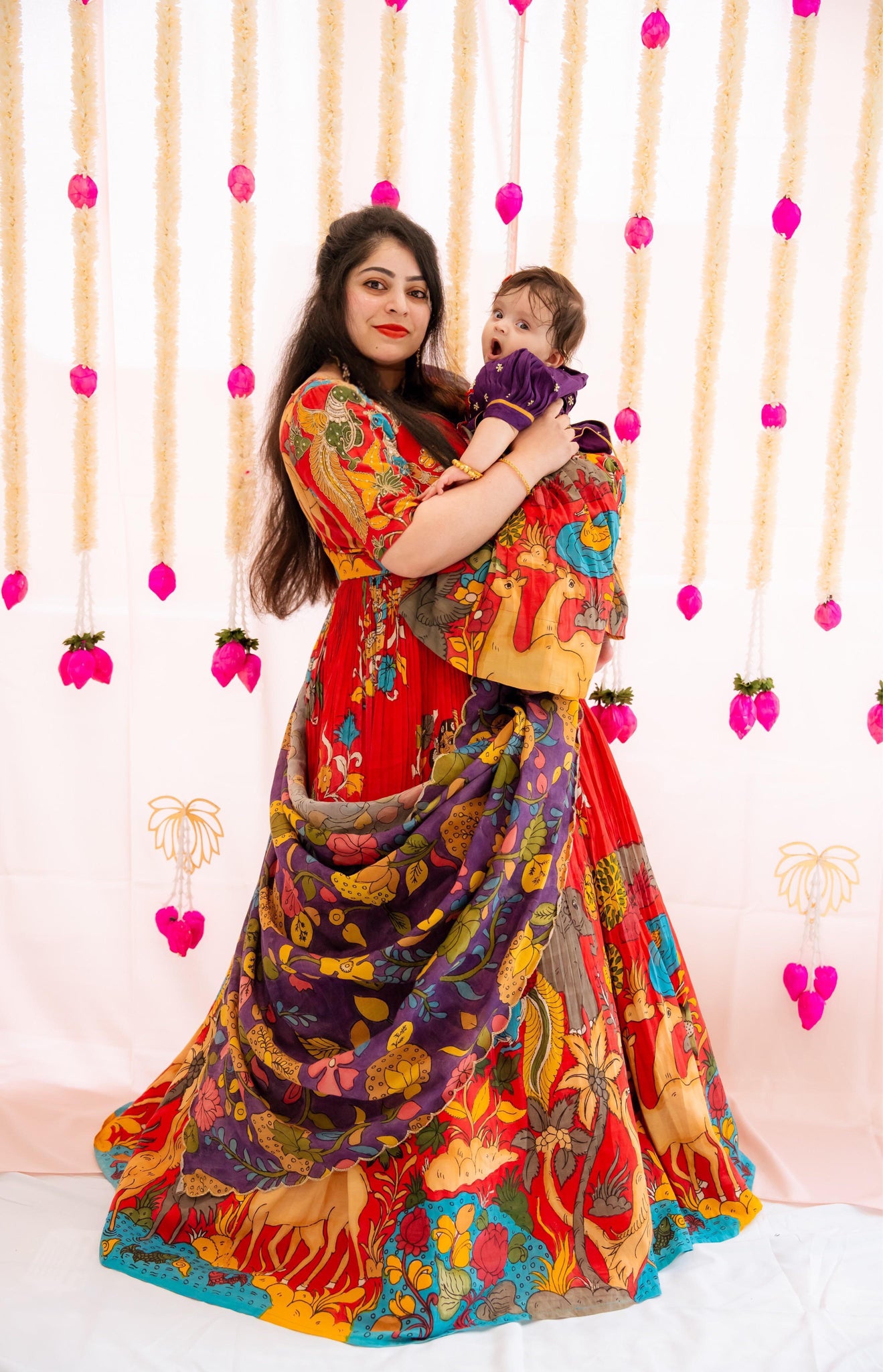 Maroon Mother Daughter Gown Dresses for Both - Lotus Lehenga Choli