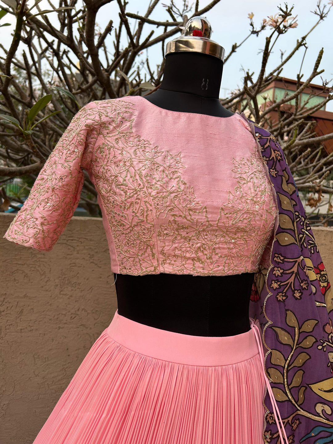 Pink Lehenga in Natural Crape Paired with a Traditional Kalamkari Dupatta