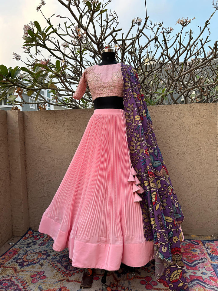 Pink Lehenga in Natural Crape Paired with a Traditional Kalamkari Dupatta