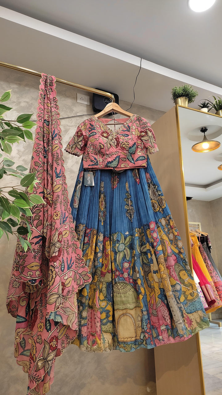 Pink & Blue Pen Kalamkari Lehenga