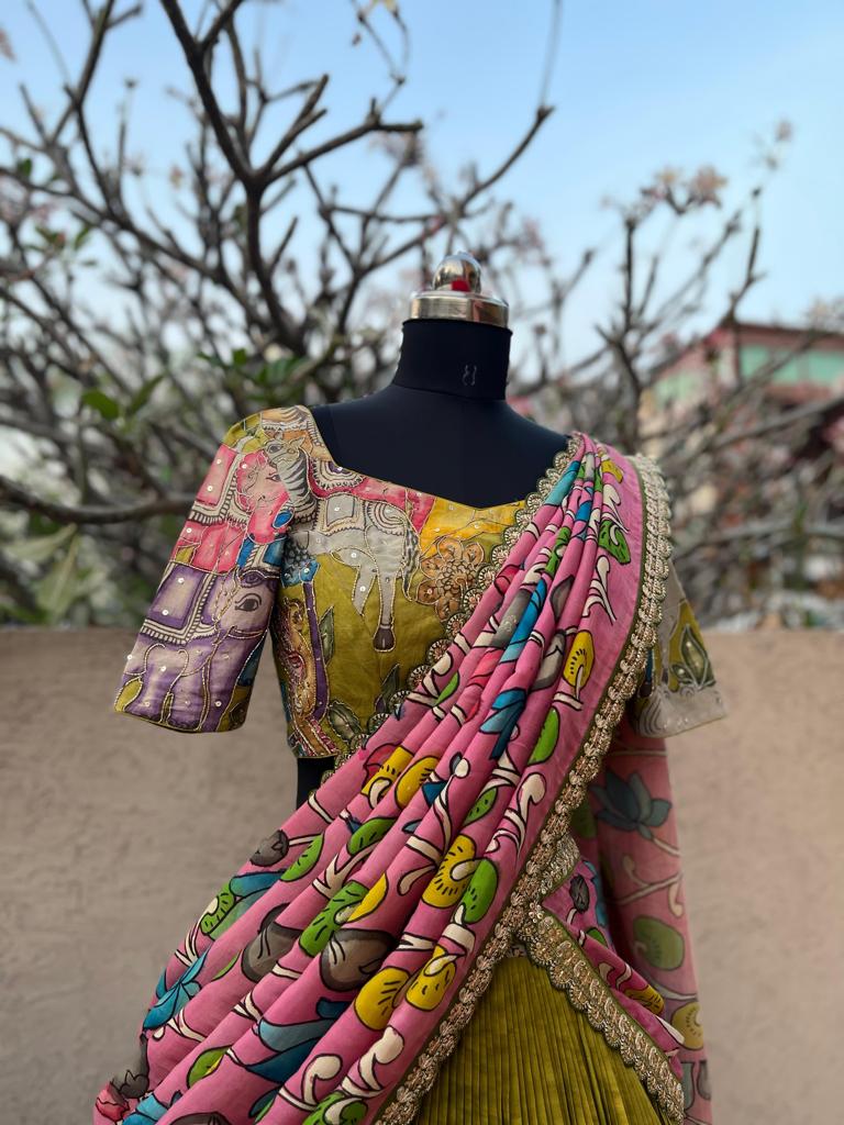 Mehndi Green Kalamkari Silk Lehenga