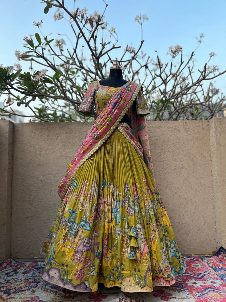 Mehndi Green Kalamkari Silk Lehenga